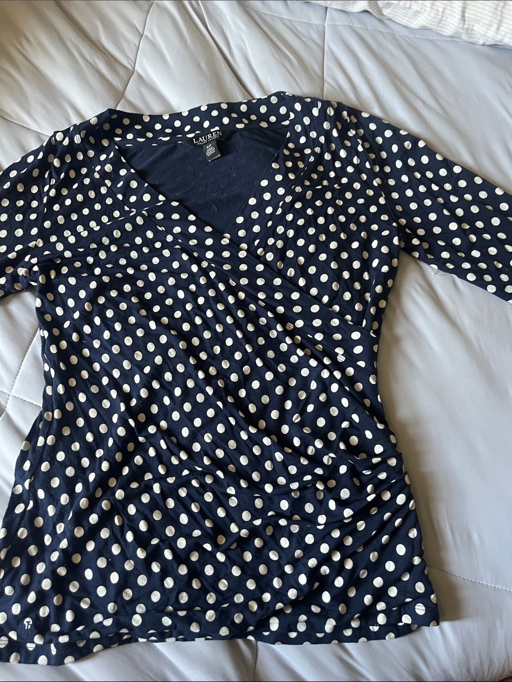 Lauren Ralph Lauren Navy and White Polka Dot Wrap-Front Tunic